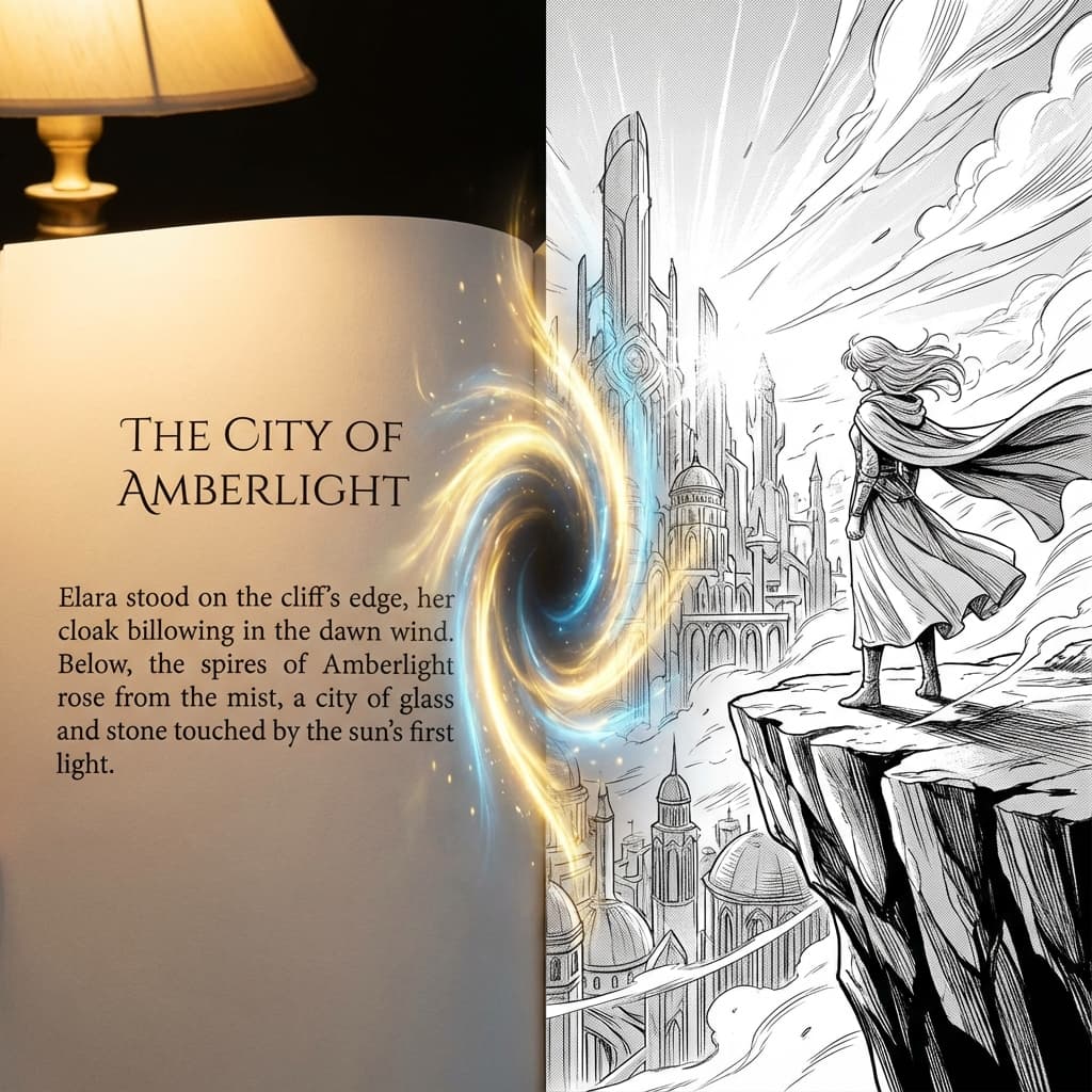 Visual demonstration of novel text transforming into a manga page